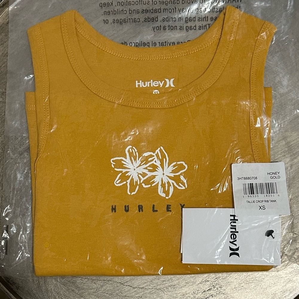 Hurley Gold Hibiscus Floral Graphic Cropped Ribbed Cotton Tank Size Various - Picture 2 of 6
